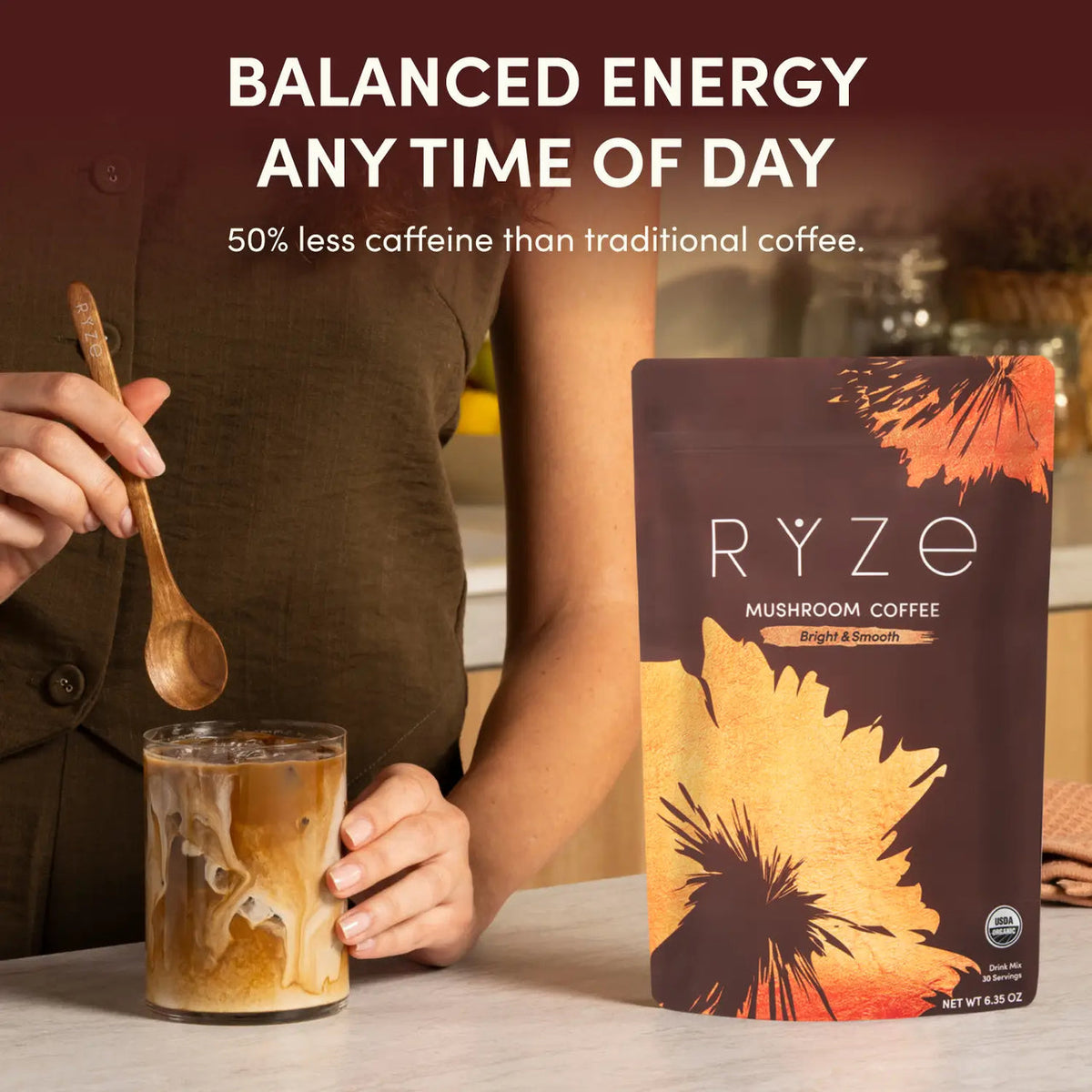 RYZE Organic Mushroom Coffee, Adaptogenic Blend, 30 Servings